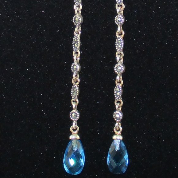 Blue Crystal & Marcasite Dangle Earrings - Picture 11 of 14